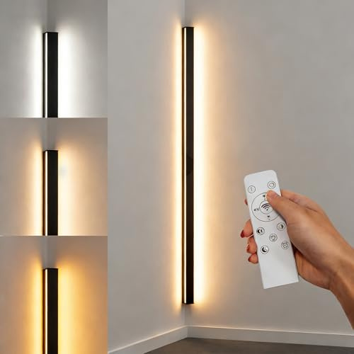 LANMOU Lange LED Wandleuchte Innen Dimmbar mit Fernsteuerung, Schwarz Eck Wandlampe Treppen LED Beleuchtung, 3000K-6000K, Modern Wohnzimmer Wandbeleuchtung Aus Aluminium, 100CM/24W