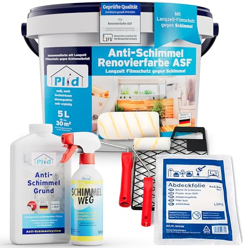 Plid Anti Schimmelfarbe Renovierfarbe Komplett-Set Weiß Matt 5 l | Anti Schimmel Feuchtraumfarbe | Badezimmer & Küche | inkl. Schimmelspray, Grundierung & 6-tlg. Streichset | ca. 30 m²