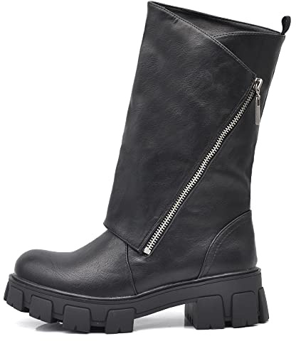 IF Fashion Chaussures Femmes Bottes Au Mollet Large Biker Motard Avec Zip Platform Amphibiens YG881 MP753, 881 Noir, 36 EU