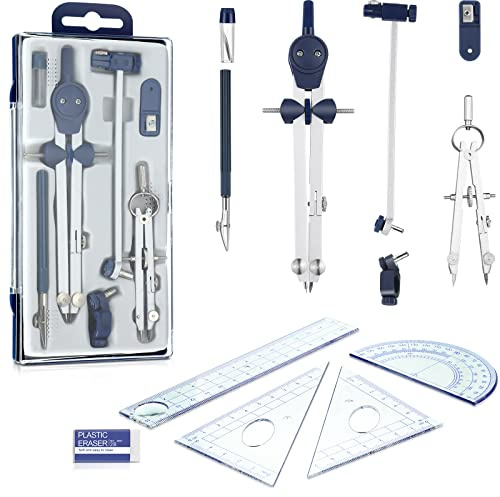 Diyfixlcd Set di 12 geometrie, tra cui bussola in metallo, strumento di disegno, scala righello, righello triangolare, goniometro e gomma, set di strumenti di precisione per geometria