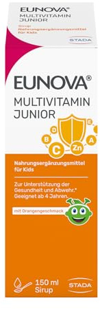 EUNOVA Junior Multivitamin Kinder, mit 12 Vitaminen, Orange, 150 ml Sirup | Kinder ab 4 Jahren, 12 Vitamine & Mineralien, Stärkt Immunsystem, Orangengeschmack, Ohne künstliche Farbstoffe, Laktosefrei