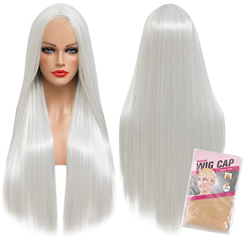 BOFUNX Lange Kunsthaar-Perücke, glatt, gerade, + 2 Perückenkappen, für Cosplay, Anime, Partys, Halloween, für Erwachsene, Damen, Mädchen, Weiß, Silber, 75 cm