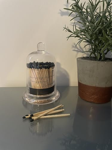 Mabel & Ivy Large Black Tip Matches in A clear Glass Dome Cloche Bell Jar with a black glass base- Candle Care home Decor