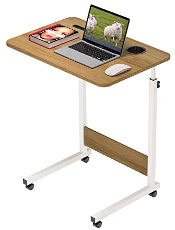 PIPIPOXER Mesa de Ordenador portátil de 60 x 40 cm, Altura Regulable, Escritorio para Ordenador portátil, con Ruedas giratorias, Ranura para Tarjetas y Soporte para Bebidas para Dormitorio (Madera)