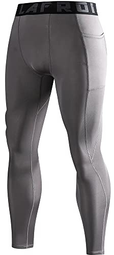 LAFROI Men's Quick Dry Cool Compression Fit Tights Leggings Waistband-YSK08 Pocket Grey Size LG