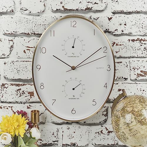 URBNLIVING Modern Oval Wall Quartz Clock Movement For Living Room, Office, Kitchen With Thermometer and Hygrometer (White Face)