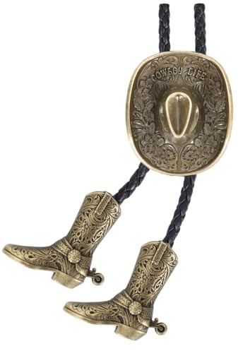 Bolo Krawatten für Herren, Western-Stil, 3D-Cowboyhut-Design mit Vintage-Stiefeln, Western-Bola-Krawatte