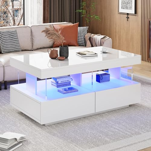 BTM Table Basse Blanche avec LED, Table Basse Moderne Haute Brillance avec Rangement, pour Salon, Plateau Durable, 100 * 60 * 49.5cm