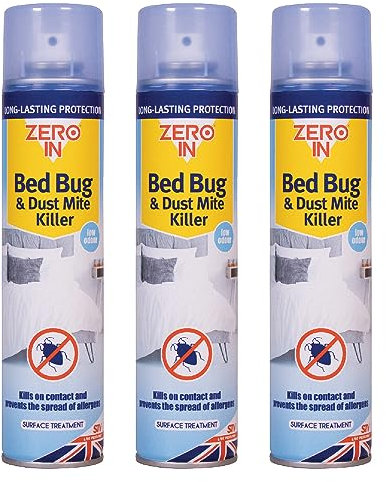 Zero In Bed Bug & Dust Mite Killer – Bed Bug Spray for Mattress, Bed Frames & Furnishings - Fast-Acting Aerosol Surface Treatment for Immediate Results - Prevents Allergies - 300ml Multi Packs X3