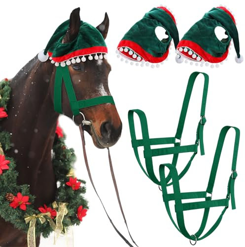 Paterr 4 st julhästtillbehör jul jultomten älva ren häst grimma för semester häst kostym tillbehör (älvstil) 35 x 45 cm