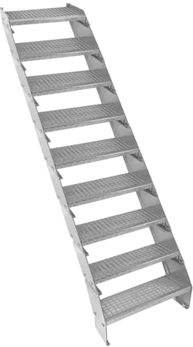 Metalltrappa 9-delad Justerbar Höjd 60 cm Bred Galvaniserat Stål Silver 9 Trappsteg Väderbeständig Gallertrapp Utomhusbruk Trädgård Terrass Modultrappa 5 mm Stångtjocklek GRATIS Monteringsset