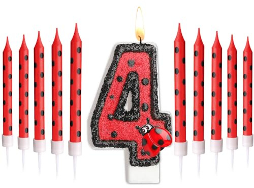 Herdear Marienkäfer Nummer 1-9 Geburtstag Kuchenkerze Ziffern Geburtstagskerzen Geburtstagsdeko Schwarz Rot Marienkäfer Punkt Tortenkerzen Marienkäfer Kerzen für 4. Geburtstag Baby Party (Nummer 4) | Tortenaufsatz mit Marienkäfer-Motiv, für Jungen und Mädchen, Insekten-Party-Dekorationen, Geschenke, Kinderparty, Babyparty