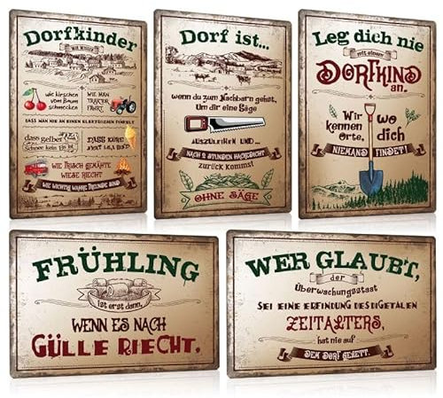 5er Set Retro Blechschilder Dorfleben mit Lustige Sprüche 20x30cm - Vintage Dorfkinder Metallschild Wanddeko - Schild Geschenke für Dorf Farmhouse