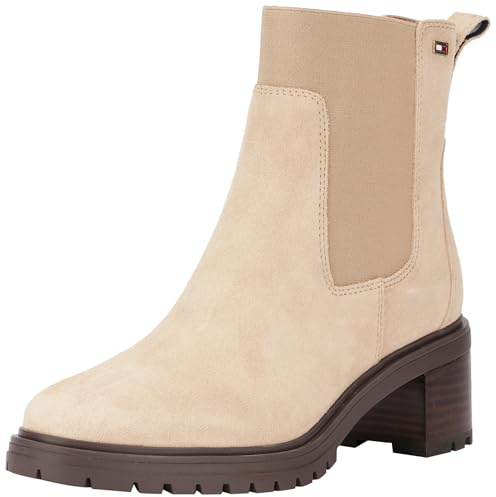 Tommy Hilfiger Botines Chelsea Mujer Flag Mid Heel Suede de ante, Beige (Beige), 41