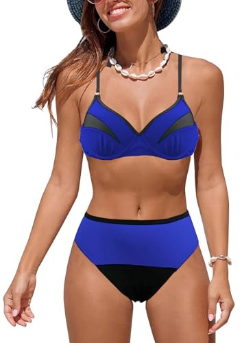 JFAN Costume da Bagno Donna Due Pezzi Bikini a Vita Alta Push up Costumi da Bagno Color Caramella Bikini Donna Mare Blu XL