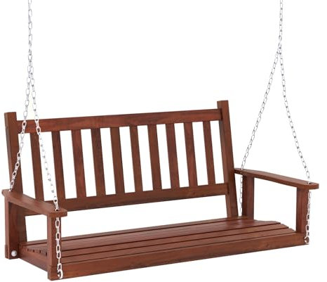 COSTWAY 2/3-Seater Garden Swing Chair, Poplar Wood Swing Bench Loveseat with Adjustable Hanging Chains, Outdoor Hanging Swing Seat Hammock for Patio Garden Yard Tree (Brown, 136 x 66 x 63cm)