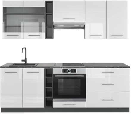 Vicco Küchenzeile Fame-Line, Weiß Hochglanz/Anthrazit, 235 cm | 9 Module · Höhenverstellbare Füße · AP Anthrazit inkl. · MDF-Fronten · Softclose · Metallgriffe