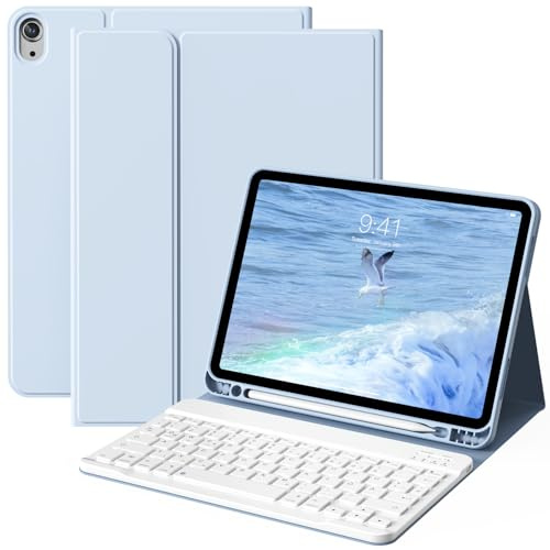 ZOYU Hülle mit Tastatur für iPad Air 11 Zoll M4/M3/M2 (2026/2025/2024), iPad Air 5/4 Generation (2022/2020) 10,9 Zoll, Abnehmbare kabellose Tastaturabdeckung mit Stifthalter, Auto Sleep/Wake, Hellblau