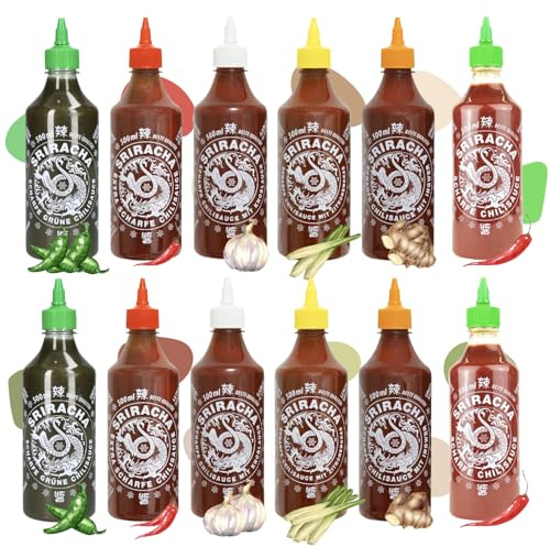 A-ONE Lot de 12 sauces Sriracha de 500 ml - Sauce chili avec 6 saveurs de 2 bouteilles chacune - Classique, Super Hot, ail, citronnelle, gingembre, vert - Végétarien