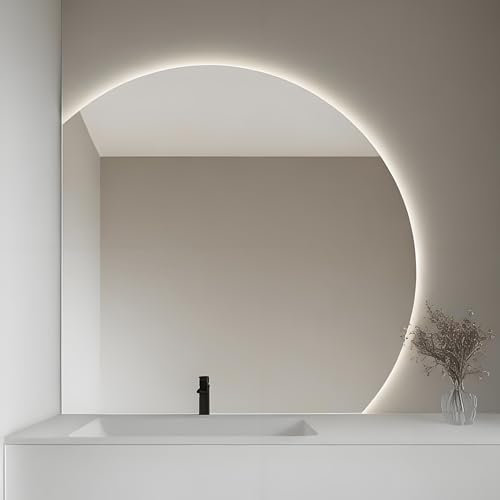 InnoMirroK Specchio per Bagno Moderno, Specchio per Trucco Anti Nebbia a Mezzaluna, Specchio da Parete LED Intelligente, Luce a 3 Colori, Antideflagrante, Interruttore Tattile 90cm×90cm(Left Under Cut