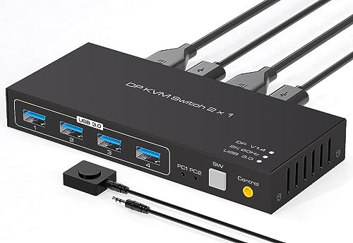 VPFET KVM Switch DisplayPort Support 4K120HZ 8K60HZ DP 1.4 Switcher for 2 Computers Share Keyboard Mouse Printer with 4 Port USB 3.0 Includes Desktop Control and 2 USB Cables