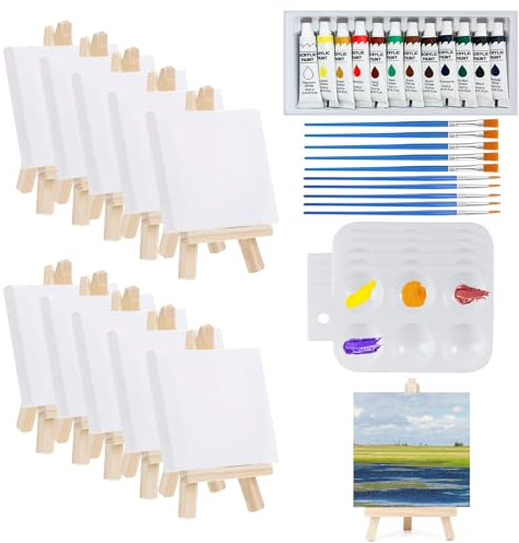Mini Canvas and Easel Set, 47Pcs Small Canvases for Painting, Canvas Set | Mini Easel with 12 Colors of Paint, Brushes, Rectangular Palette for Drawing, Oil Painting, Tabletop Art Crafts, Artist