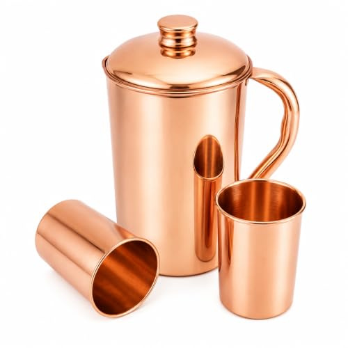 2activelife 100% reines Kupfer Wasserkrug Set mit 2 Bechern, 1500 ml / 50.72 oz Kupferkrug mit Deckel & Griff, lackfreier Trinkwasserkrug, ayurvedischer Kupferbehälter