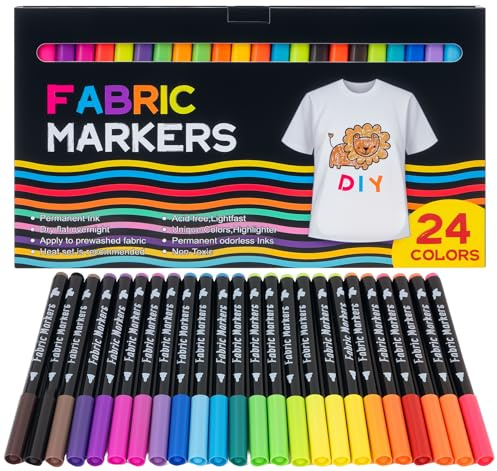 BLISSIQUEE 24 Textilstifte Waschmaschinenfest, Textilfarbe Waschmaschinenfest Permanent Stoffmalstifte Textilmarker für T-Shirts, Stoffbeutel zum Bemalen, Stoffbeutel, Schuhe, Basteln, Geschenk