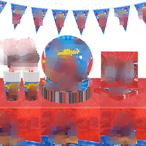 Heartsking 42 Stück Spider Partygeschirr Set Pappteller Kindergeburtstag Set mit Teller Becher Servietten Tischdecke Geschirr Kit Partygeschirr Geburtstag Geburtstag Geschirr Kit für 10 Gäste