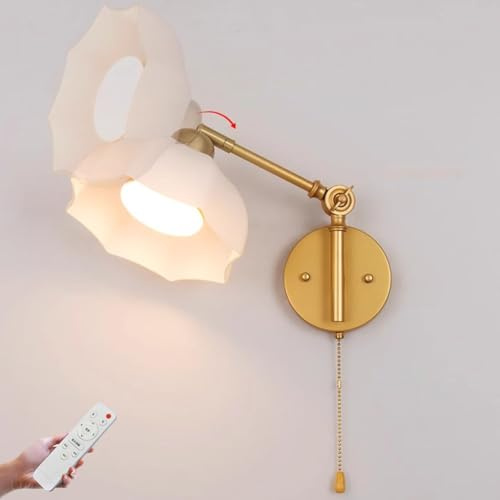 LOGT Swing Arm LED Wandleuchte Dimmbar Fernbedienung und Touch Schalter Wandlampe Messing Verstellbarer Lange Arm Wand Leselampe mit Gelenkarm Blumen Design Deko Wandbeleuchtung 360° Drehbare Innen