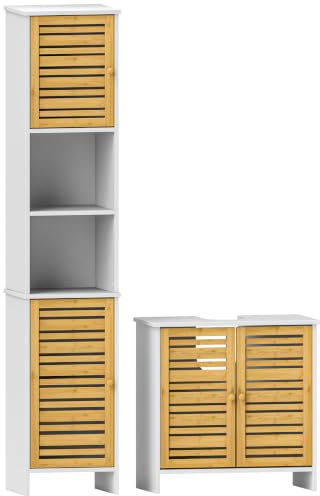 HOMCOM Conjunto de Baño Incluye Mueble Bajo Lavabo Columna Blanco/Natural | 1 Columna de Baño Estrecha, Puertas de Bambú, Estantes Ajustables