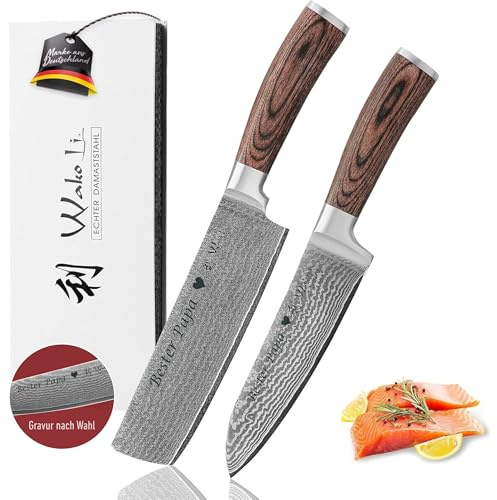 Wakoli Edib 2er Damastmesser Set mit Gravur – Personalisiertes Messer-Set, Santoku & Nakiri (17/17,5 cm), 67 Lagen Damaststahl (VG10-Kern), Pakkaholzgriff, Geschenkbox