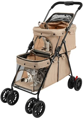 Hundebuggy, 2-Lagiger Hundewagen bis 15 kg, Faltbar Hundebuggy mit Belüftungsnetz und Sicherheitsgurten, Hundewagen für Kleine Hunde und Katze, Trolley für Mehrere Haustiere (Khaki Farbe)