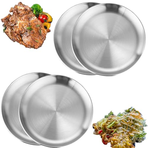 4 Vajilla redonda de acero inoxidable, plato de acero inoxidable camping, 23 cm vajilla redonda, plato de barbacoa