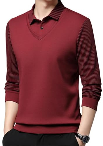 Chemise deux pièces à manches longues rayée pour homme, fausse chemise tricotée 2 pièces, pull décontracté, hauts d'affaires, Rouge, XL