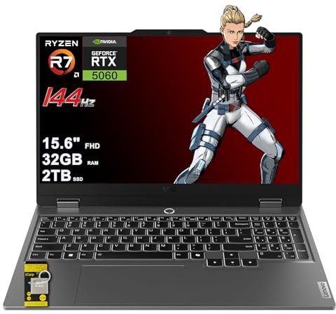 Lenovo LOQ Gaming AI Laptop 15.6 pulgadas FHD IPS 144Hz (100% sRGB G-SYNC) AMD Octa-core Ryzen 7 250 32GB RAM 2TB SSD GeForce RTX 5060 DLSS4 (572 AI Tops) Retroiluminada Nahimic 5MP Cámara de
