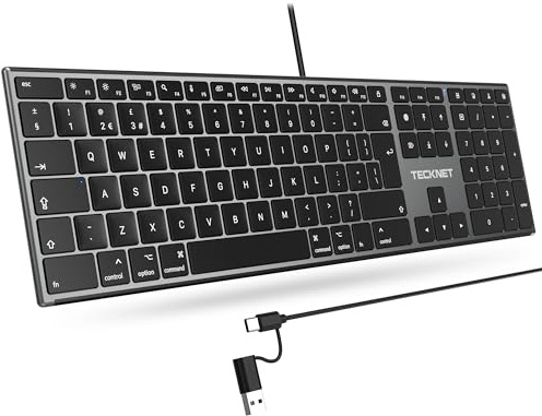 TECKNET Wired Keyboard for Mac with Number Keypad, Dual Interface(Type-C and USB A), Full Size Ergonomic Keyboard Compatible with MacBook, iMac, Mac mini/Pro, QWERTY UK, Black