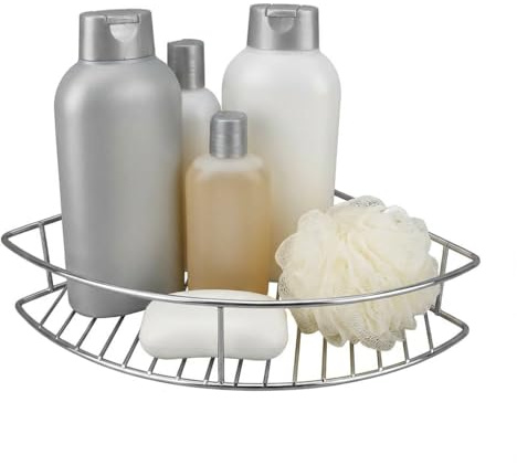 FACKELMANN Dusch-Eckablage, hochwertiger Duschkorb aus Edelstahl, Ablage fürs Badezimmer, Badregal für Seife und Shampoo, eckige Ablage, edle Duschablage, Eckregal für die Dusche (Farbe: Silber)