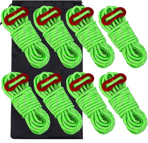 8 Cuerdas Tensoras para Tienda de Campaña, 4 m x 4 mm, Reflectantes | Polipropileno duradero, tensores de aluminio ajustables, 8 piezas con bolsa, para camping y senderismo