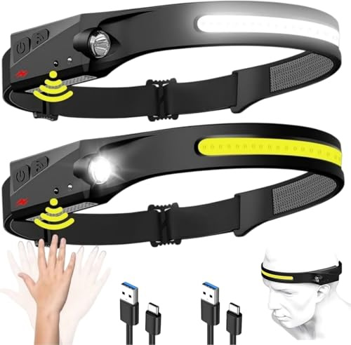 Adventure Light 2.0 - Das Original COB-Chip LED 230°Weitwinkel Stirnlampe Wiederaufladbar , USB-Typ-C Schnellladung Doppel-Schalter Handwisch-Sensor Kopfband Stoßfest Wasserdicht flexibel (2 Stück)