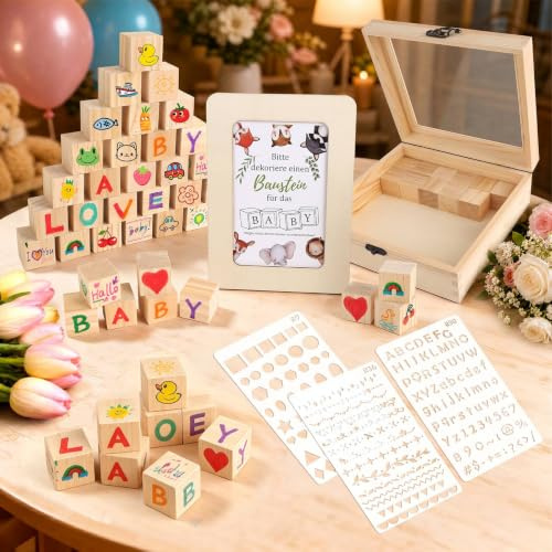 56 Stück Babyparty Spiele Set, Bauklötze bemalen für Gäste, Babyparty deko | mit Holzwürfeln, Stiften, Schablonen, Holzbox, Holzrahmen, Baby Shower, Gender Reveal