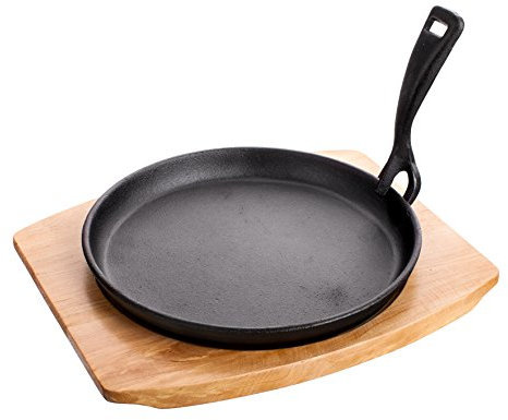 Banquet rund Servierteller aus Gusseisen Pfanne auf Holzständer mit abnehmbarem Griff, schwarz, 2 Stück, 24 x 28.5 x 5.5 cm