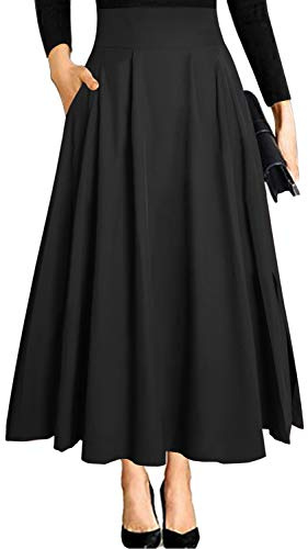 Ranphee Jupes Femme Noire Festival Longue Evasée Ete Chic et Elegant Taille Haute A-Ligne Maxi Midi Festival Fluide Trapeze Fendue avec Poche Fermeture Eclair XL