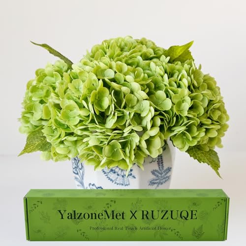 Yalzone Künstliche Hortensien, 53.3 cm, natürlich, lebensecht, echte Haptik, einzelner langer Stiel, königliche Hortensie für Zuhause, Party, Outdoor, Hochzeit, Brautstrauß (dunkelgrün), 3 Stück
