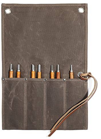 Werkzeugrolle mit 4 Einsteckensfächer, Strapazierfähiges 16oz gewachstes Segeltuch, Werkzeugtasche für Stechbeitel, Hämmer, Fishing Jigs, Tranchiermesser (grau)