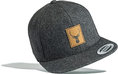 Baddery Outdoor Cap Flexfit Snapback : Hirsch (Leder-Patch) - Kappe Herren & Damen - Kletter Ausrüstung Wander Zubehör (Grau)