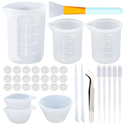 LBING 35Stk Silikon Messbecher 100ml 250ml Epoxidharz Zubehör Set | Antihaft-Mischbecher für Basteln Epoxidharz Gießformen Schmuck Machen mit Löffel Fingerlinge, Pinzette