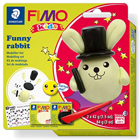 STAEDTLER Modellierset Funny Rabbit FIMO kids, speziell für Kinder - einfach umzusetzen mit Schritt für Schritt Anleitung, 2 FIMO kids Blöcke, Modellierstab, Tattoobogen, 8035 20