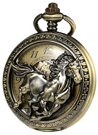 TREEWETO Montre de poche mécanique antique en bronze pour homme Motif cheval 3D Montre de poche avec chaîne Cadran squelette chiffres arabes, bronze, Mécanique