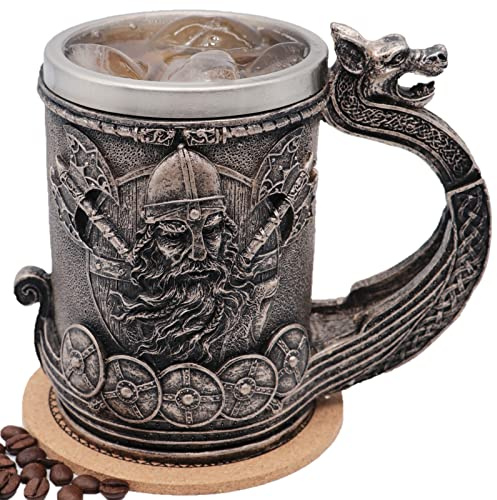 WOKHACH Medieval Viking Mug Beer Stein Tankard,Stainless Steel Drinking Tankard Mug Coffee Cup,Norse Mythology Poetic Gothic Decor Party Decoration Drinkware Gift for Men18OZ(Drakkar Warrior)